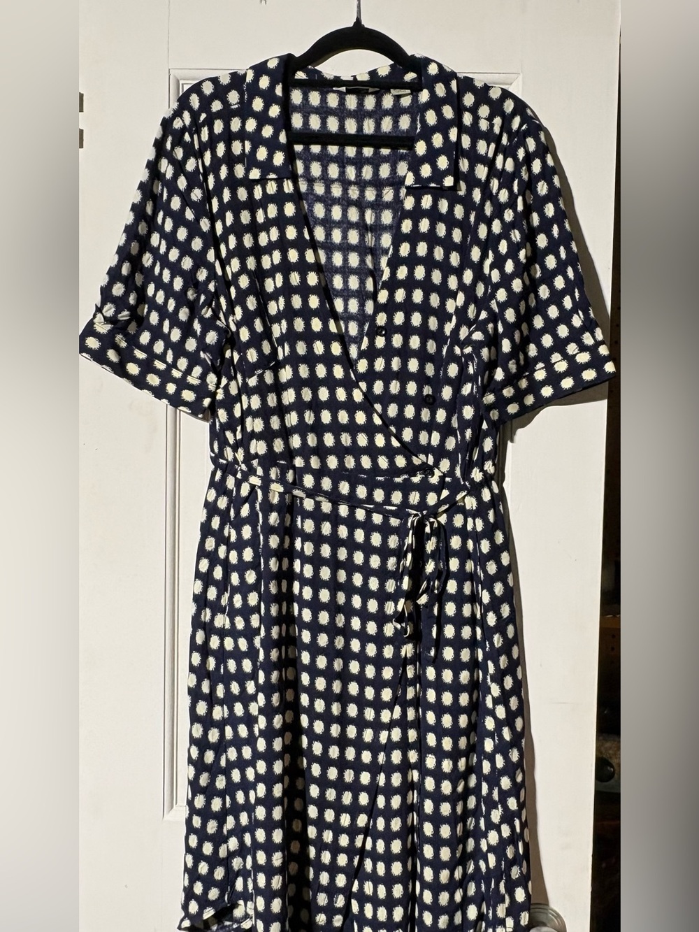 Anthropologie Navy Wrap Dress with Cream Polka Dots